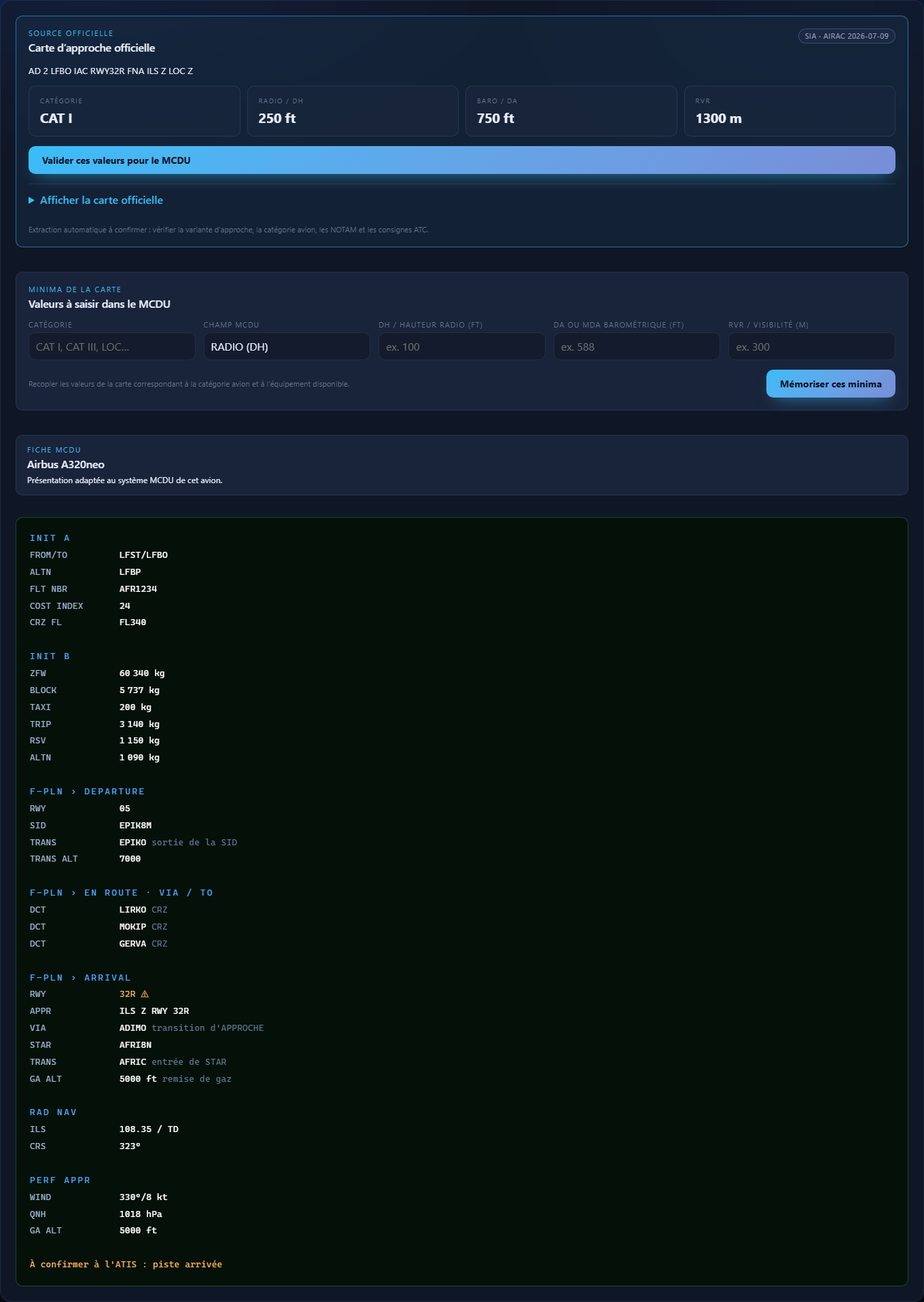 Interface réelle de NaviXav avec la carte d’approche officielle, les minima et la fiche MCDU