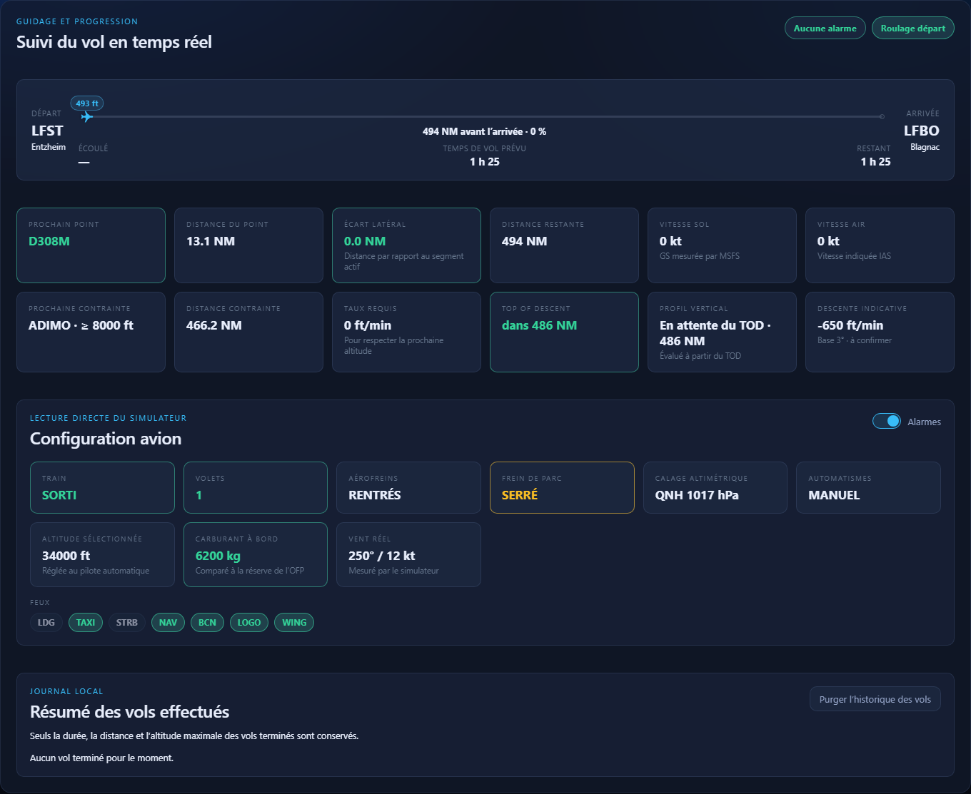 Interface réelle de suivi du vol et de configuration avion dans NaviXav